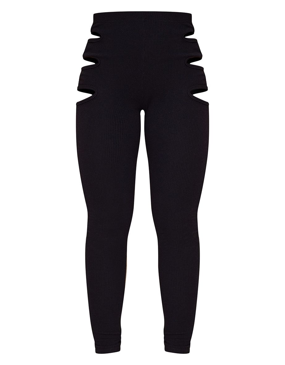 Black Crinkle Rib Cut Out Side Leggings - 4