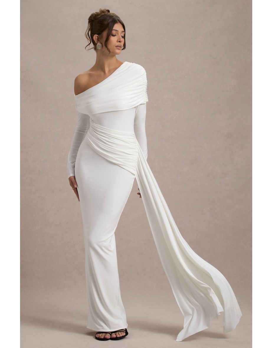 Valina | White Ruched Asymmetric Maxi Dress With Drape