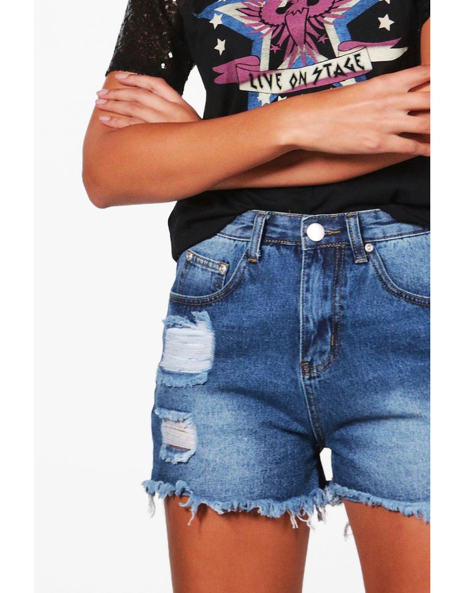 Tall Suri Distressed Frayed Denim Shorts - Mid Blue - 3
