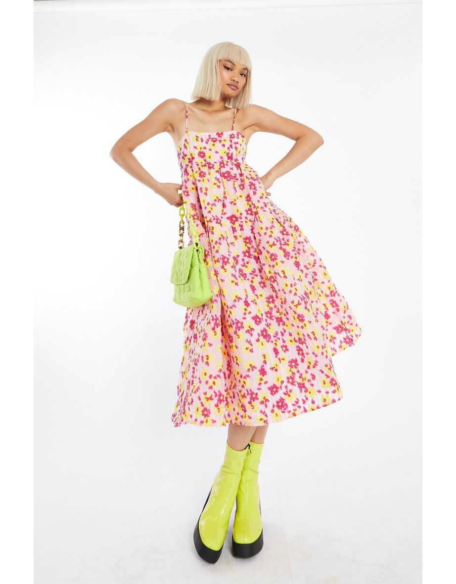 Shop Pink Yellow Organza Empire Line Tie Back Loose Fit Smock Midi Dress Online in Qatar VogaCloset