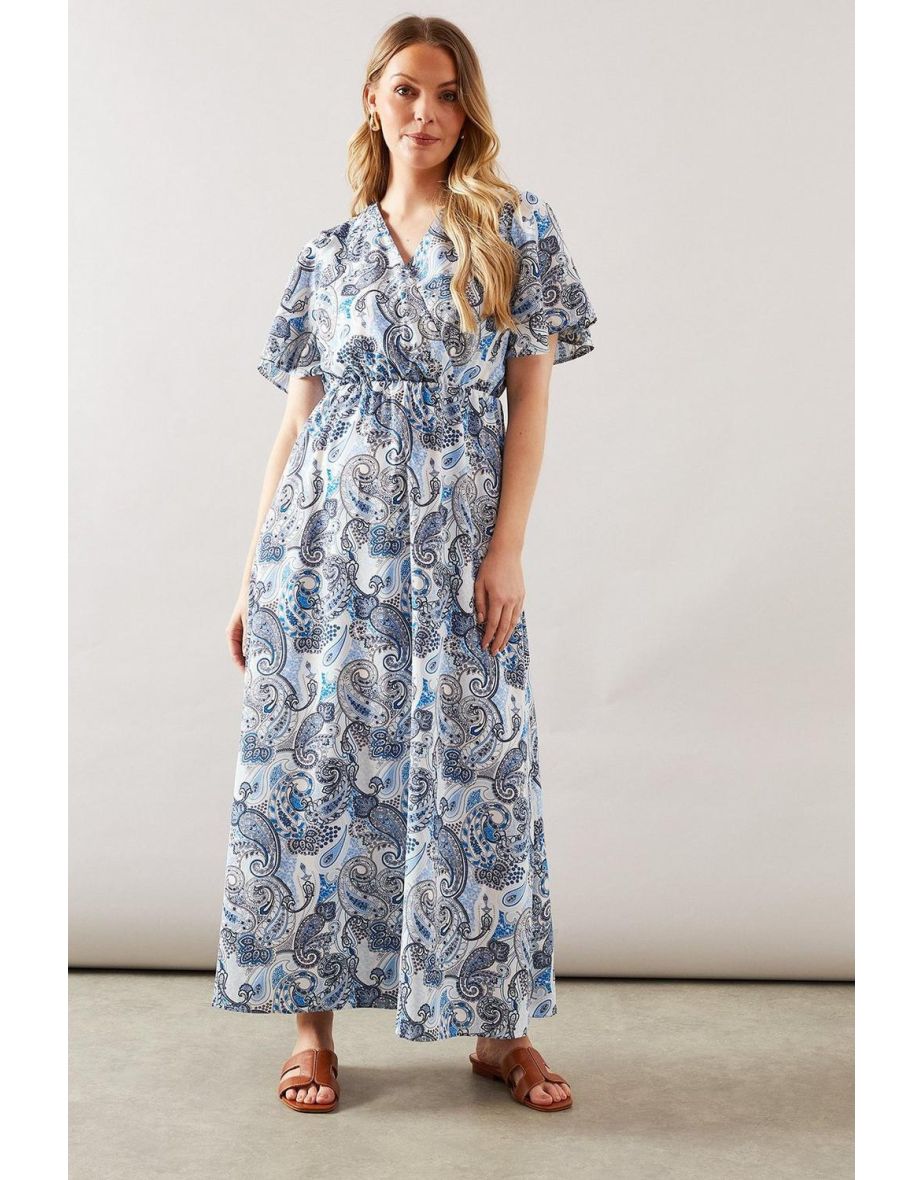 Blue Paisley Flutter Sleeve Midi Dress