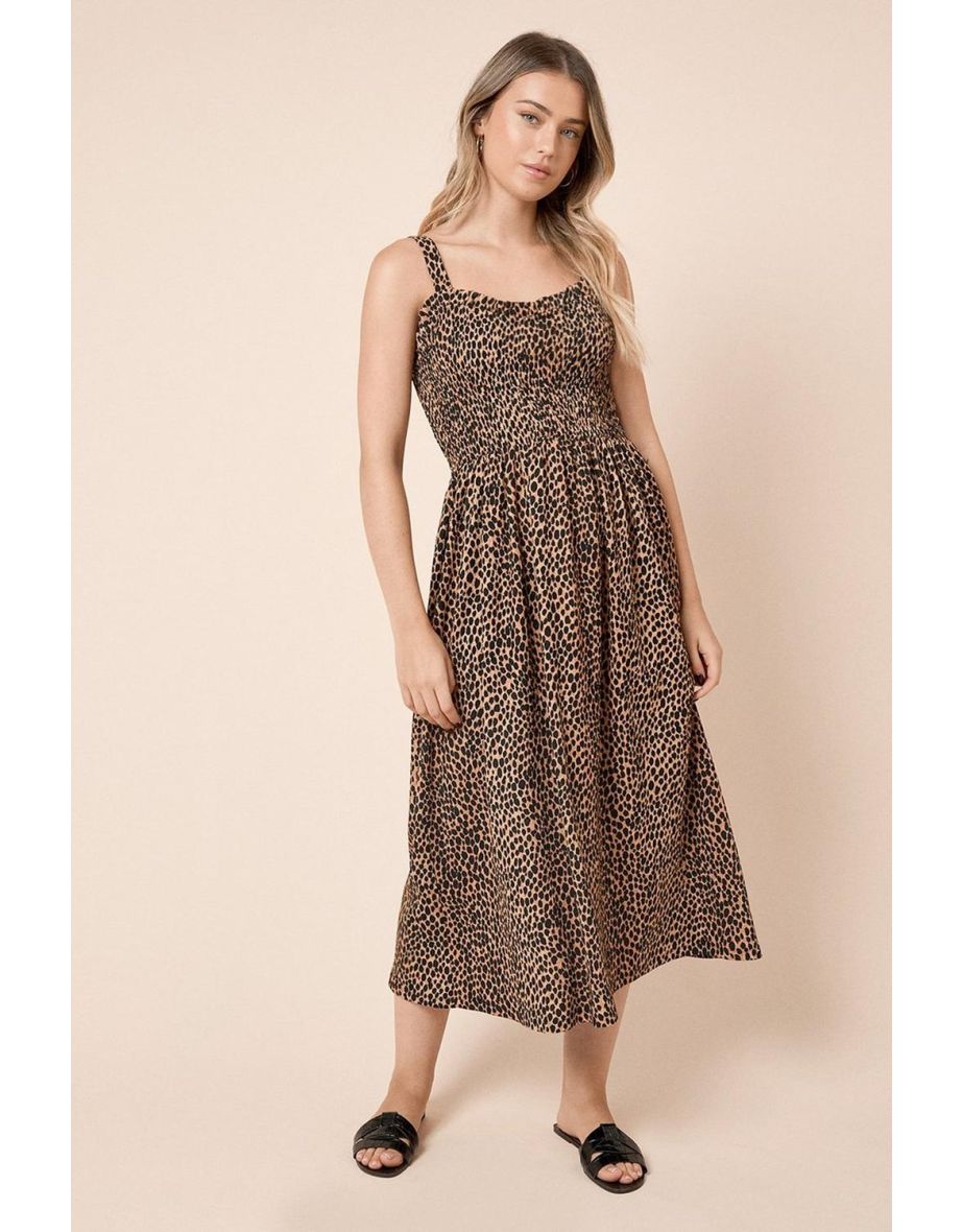 Animal Shirred Bodice Strappy Midi Dress