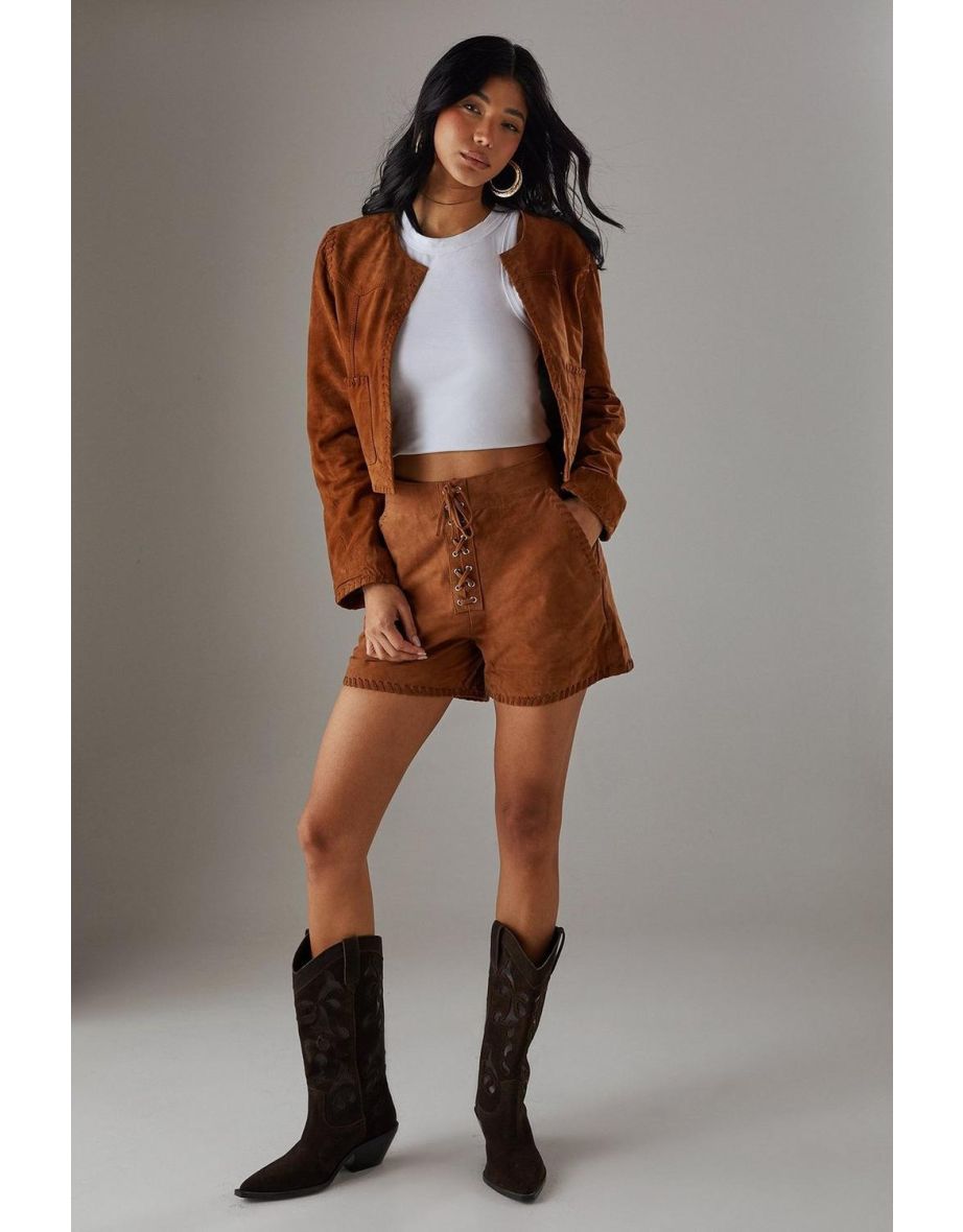 Real Suede Lace Up Whipstitch Short