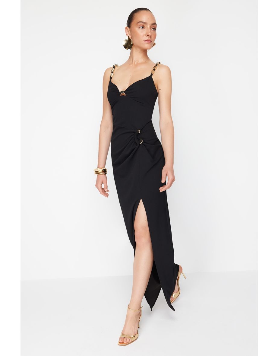 X Zeynep Tosun Black Knitted Evening Dress with Accessory Detail