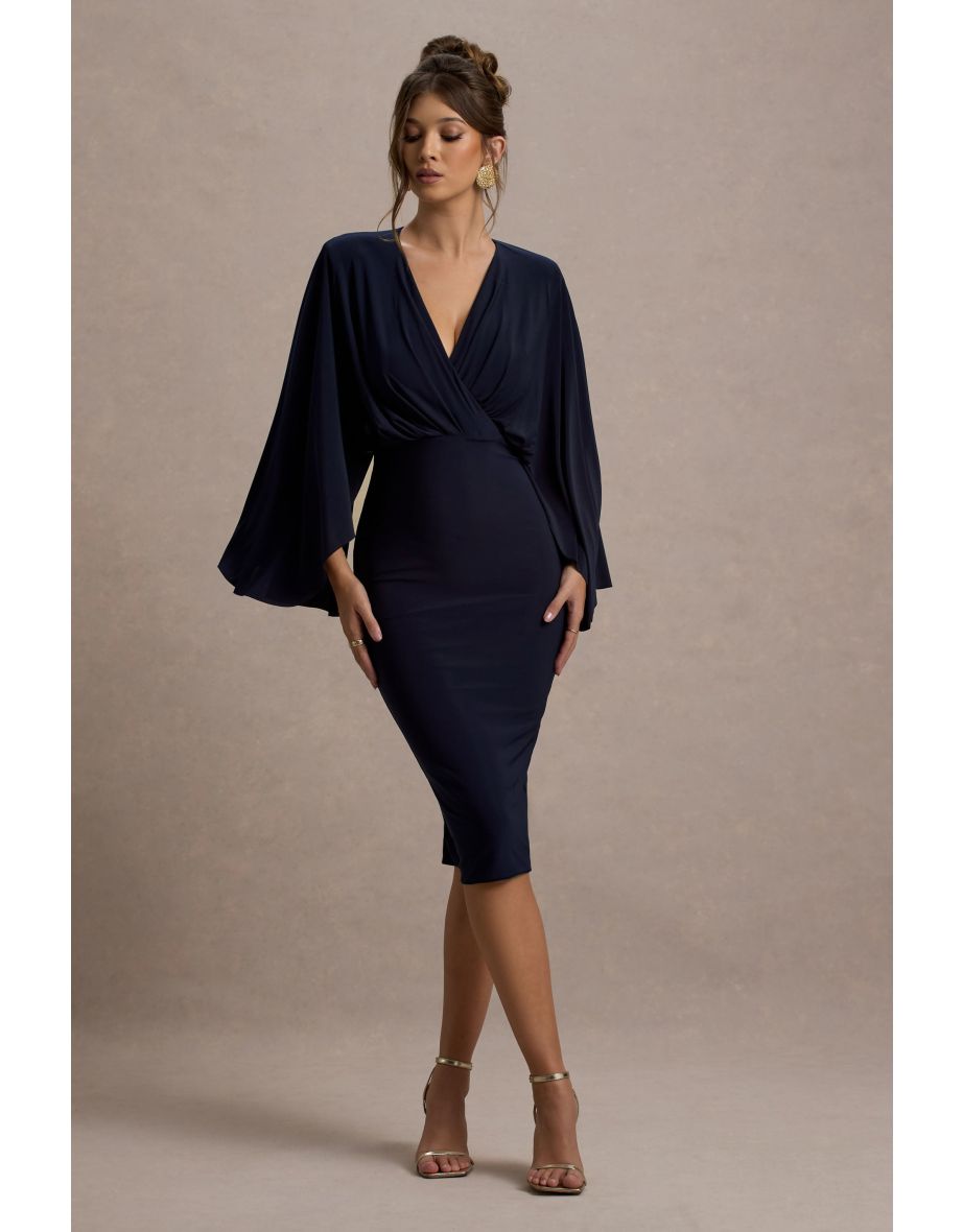 Mishka | Navy Plunge-Neck Cape Midi Dress