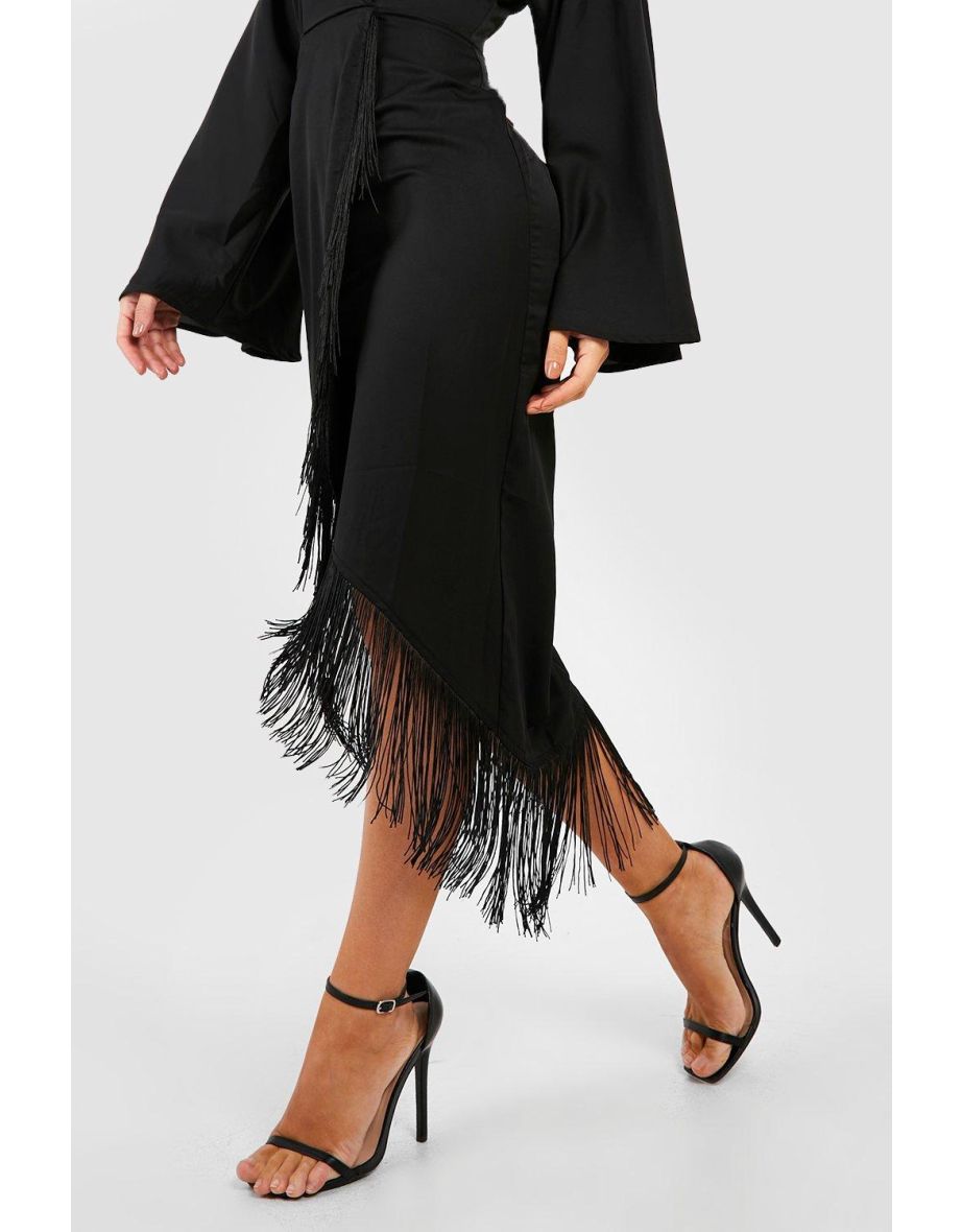 Tassel Hem Wrap Midi Dress - black - 3