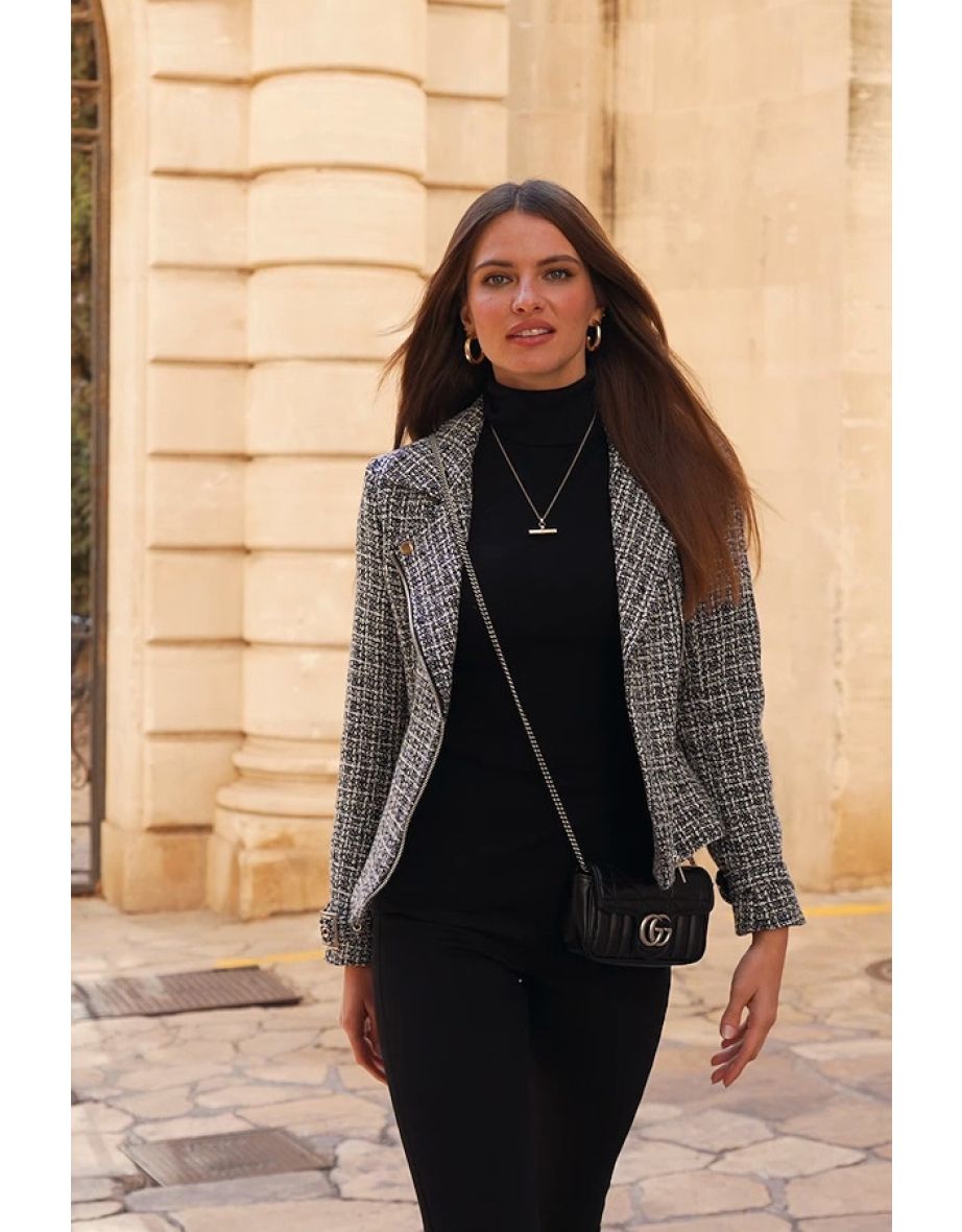 Black Luxe Tweed Biker Jacket - 4