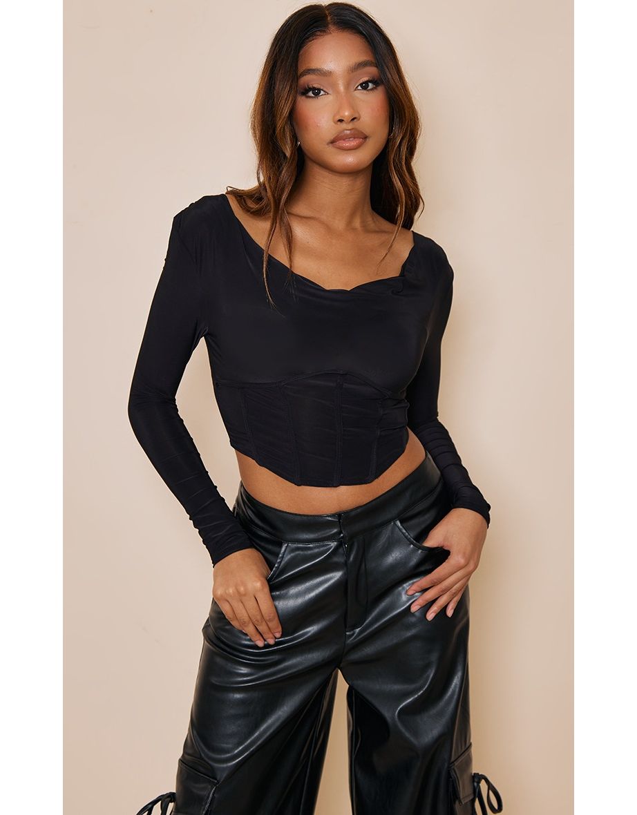 Black Slinky Plunge Neck Corset Long Sleeve Crop Top