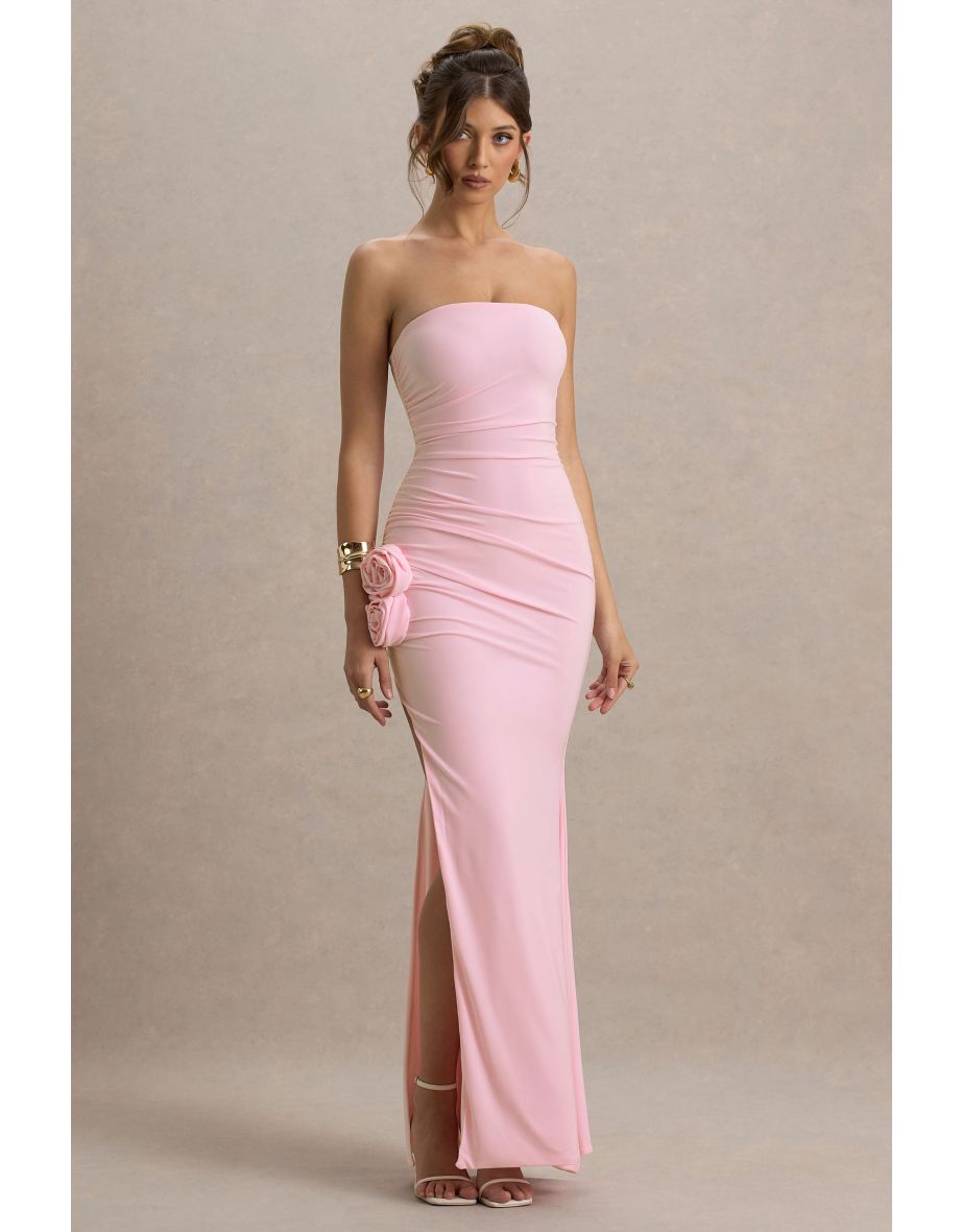 My Muse | Pink Ruched Bandeau Split Maxi Dress With Flowers
