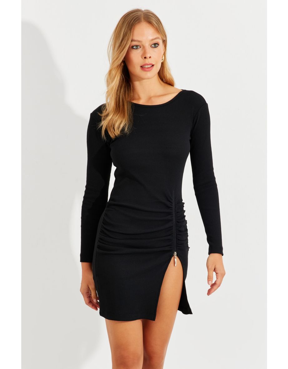 Women's Black Front Gathered Zippered Camisole Mini Dress