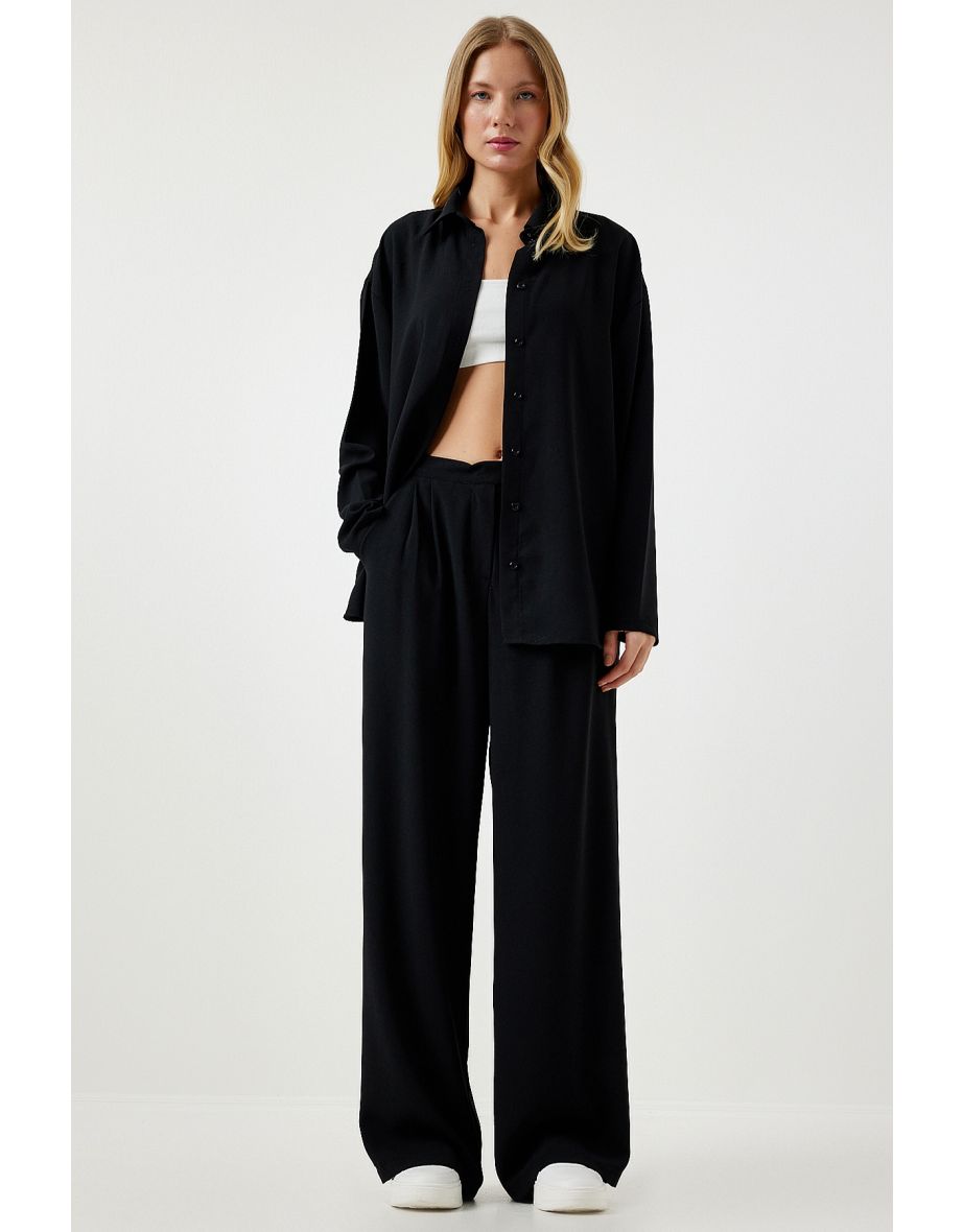 Women's Black Seasonal Woven Shirt Palazzo Pants Suit