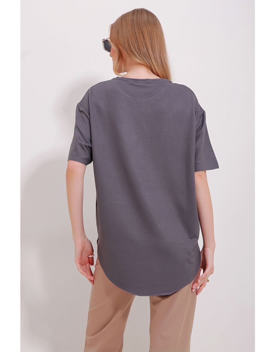 Women's Anthracite Crew Neck Oval Cut Modal T-Shirt - 5