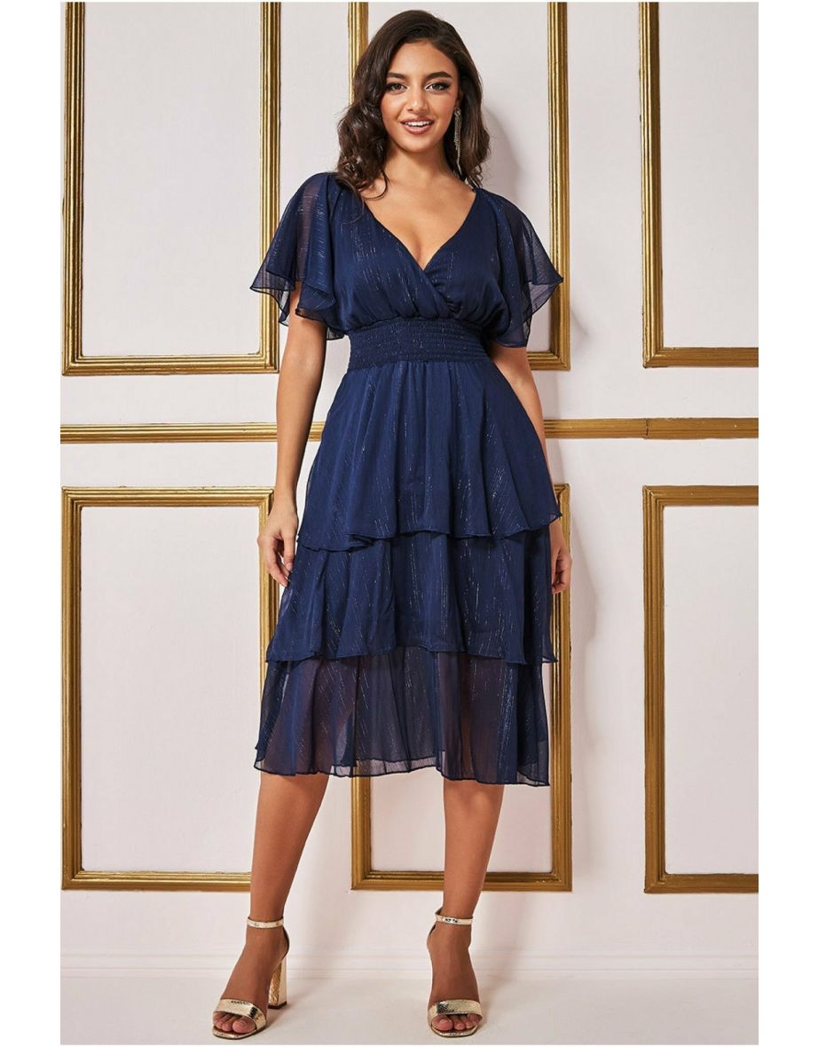 Goddiva Chiffon Layered Flutter Sleeve Midi Dress Navy