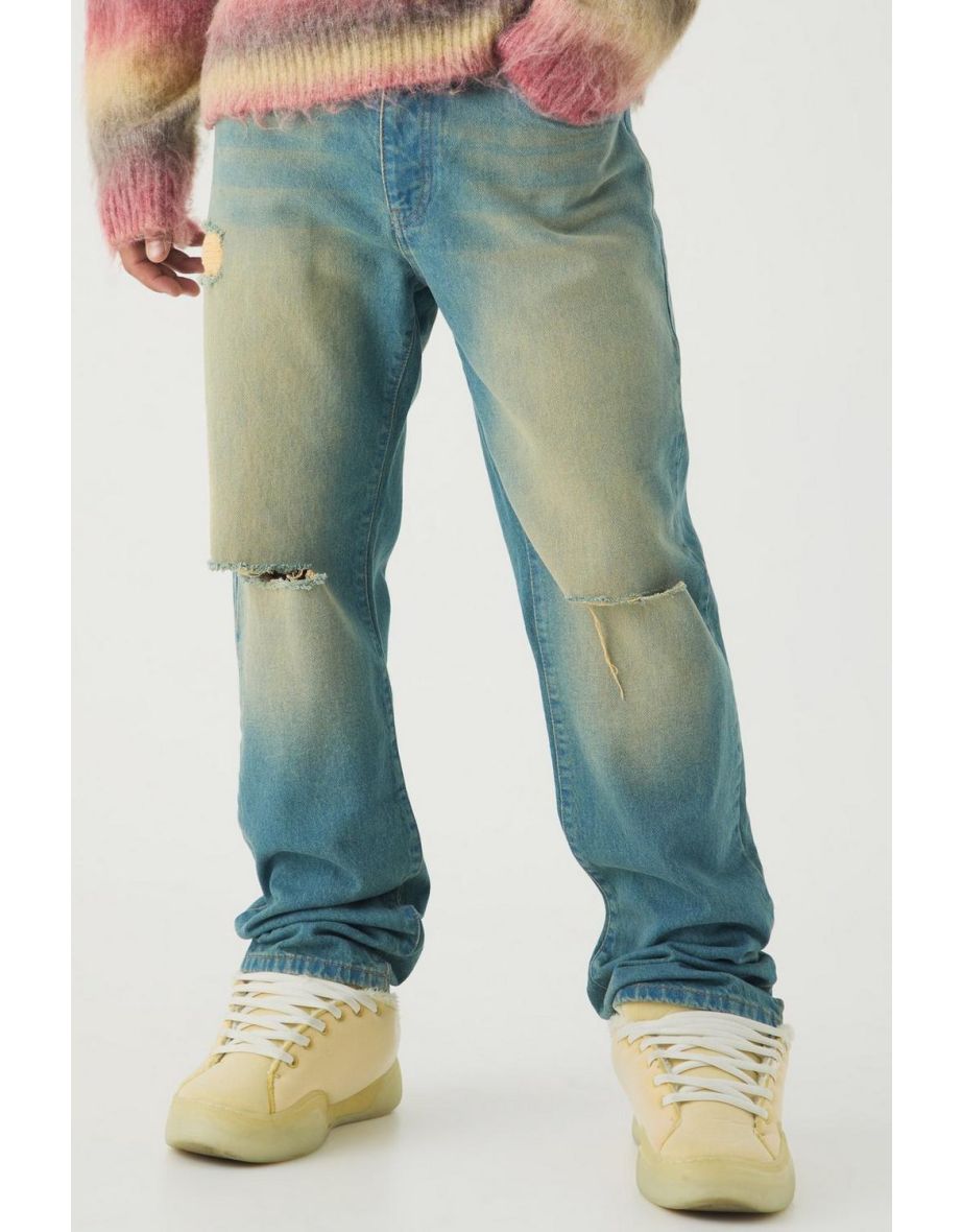 Straight Leg Rigid Ripped Knee Distressed Jeans - antique blue