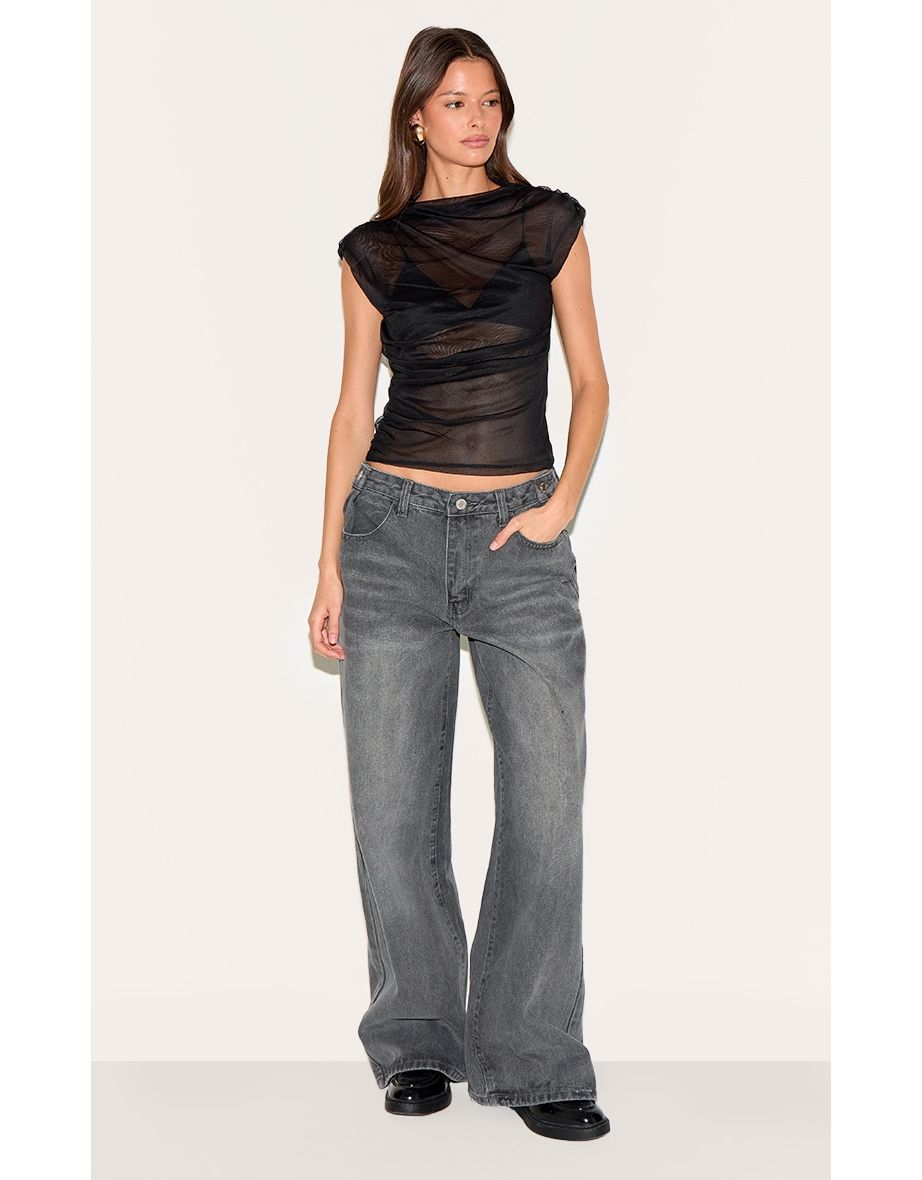 Black Double Layer Mesh Ruched Detail Long Top