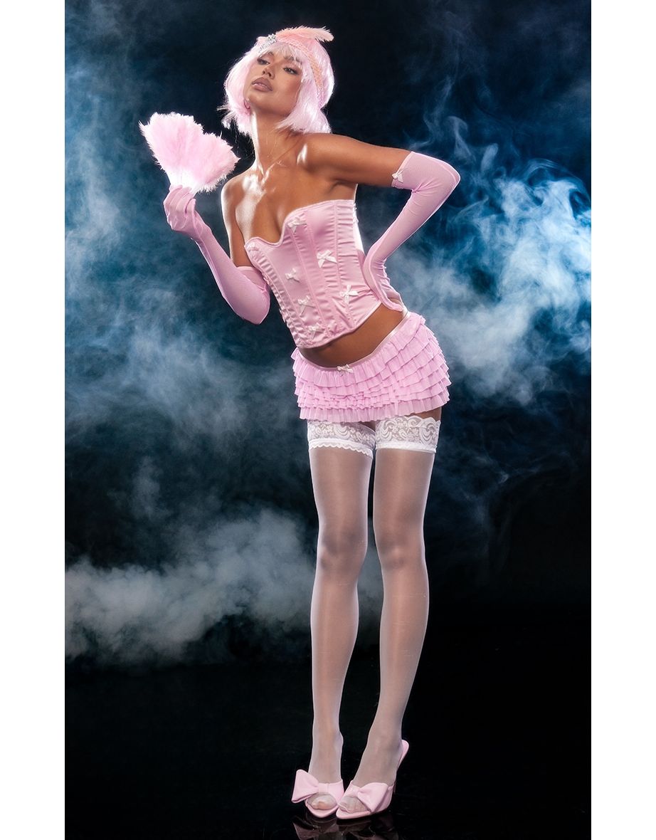 Pink Bow Detail Corset Frill Shorts and Gloves Lingerie Set