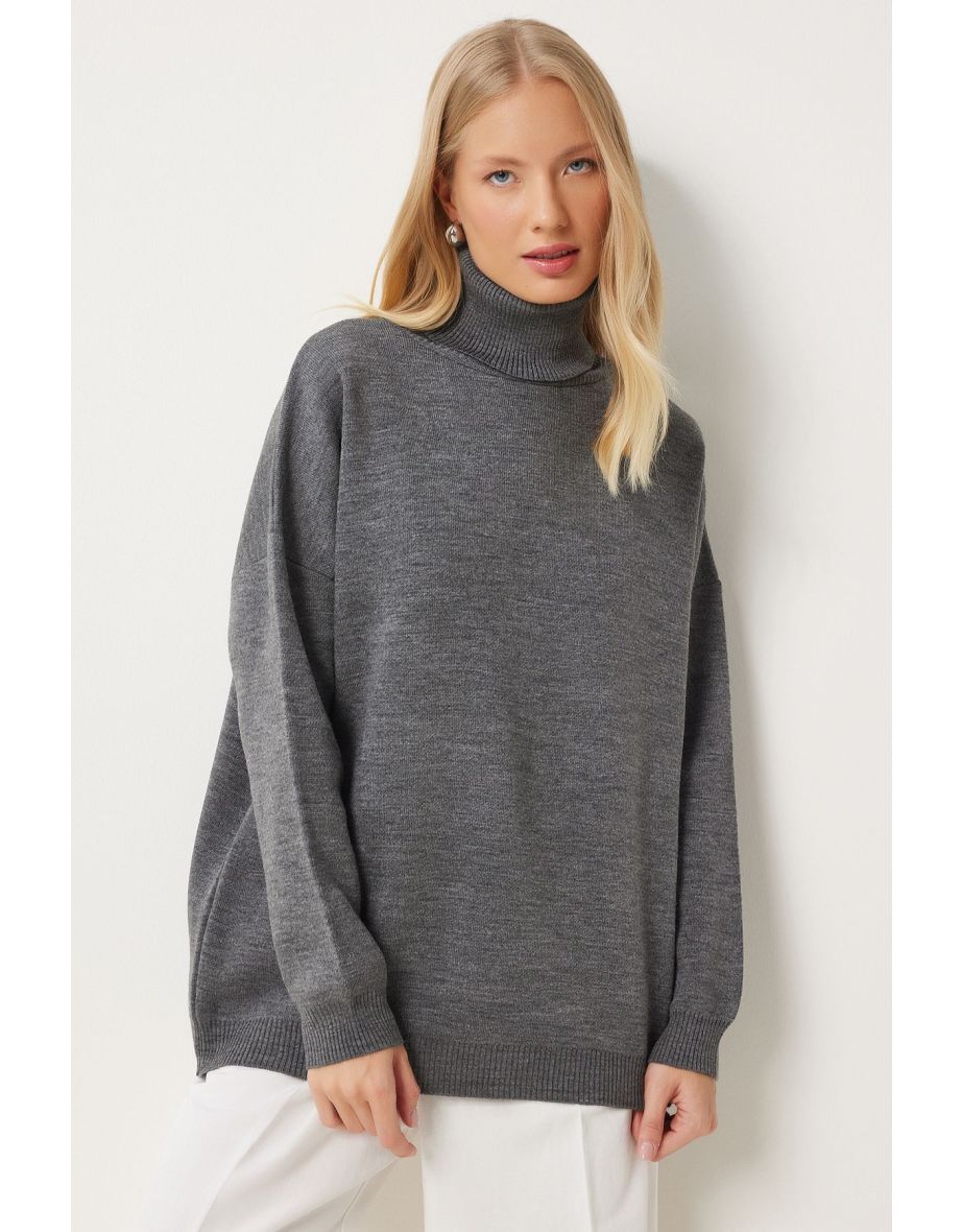 Women's Grey Turtleneck Oversize Knitwear Sweater
