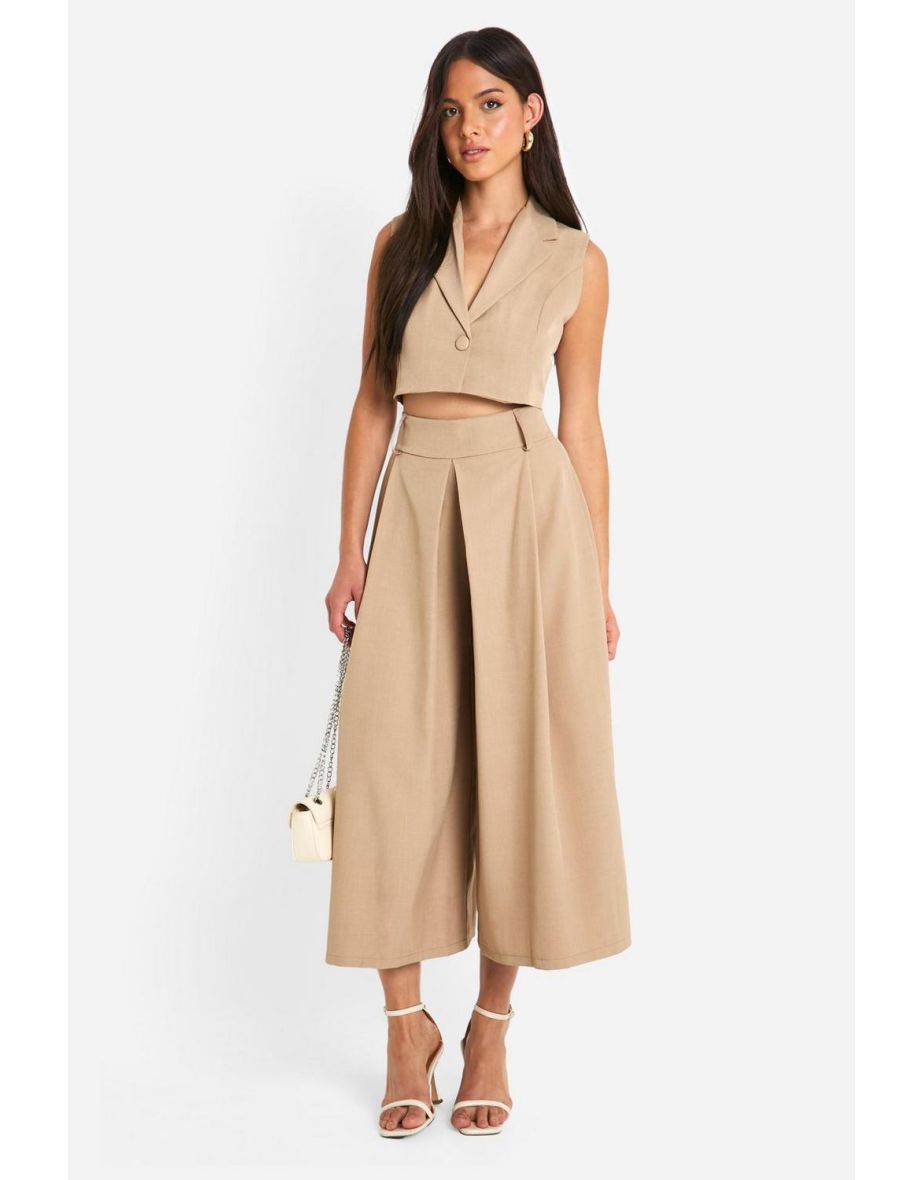 Marl Pleat Front Wide Leg Tailored Culottes - camel