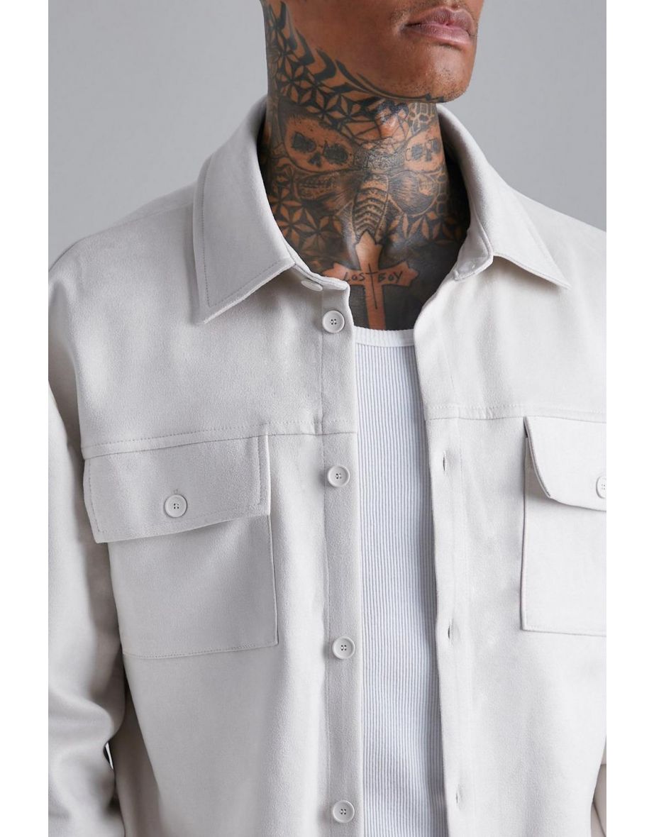 Boxy Suede Overshirt - stone - 2