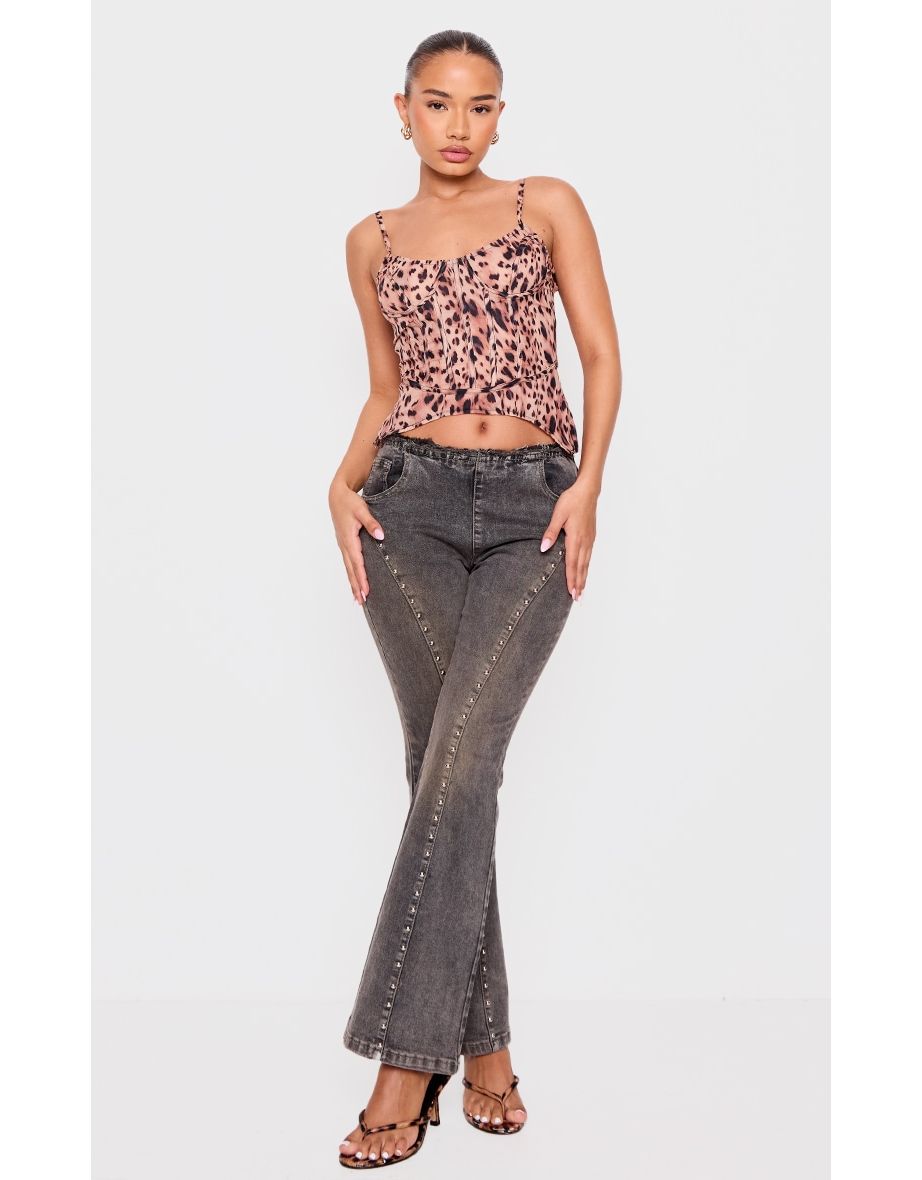 Petite Washed Black Stud Detail Denim Flared Jeans
