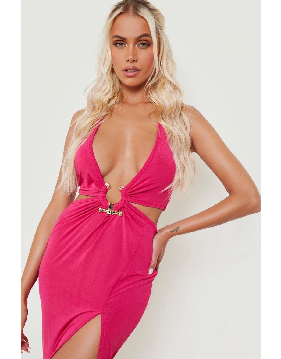 Slinky Plunge Gold Trim Beach Maxi Dress - hot pink - 3