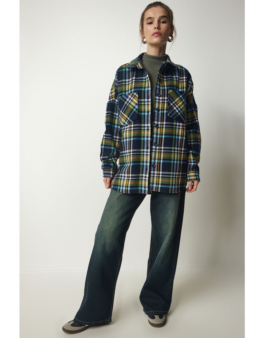 Women's Navy Blue Green Patterned Oversize Cachet Lumberjack Shirt