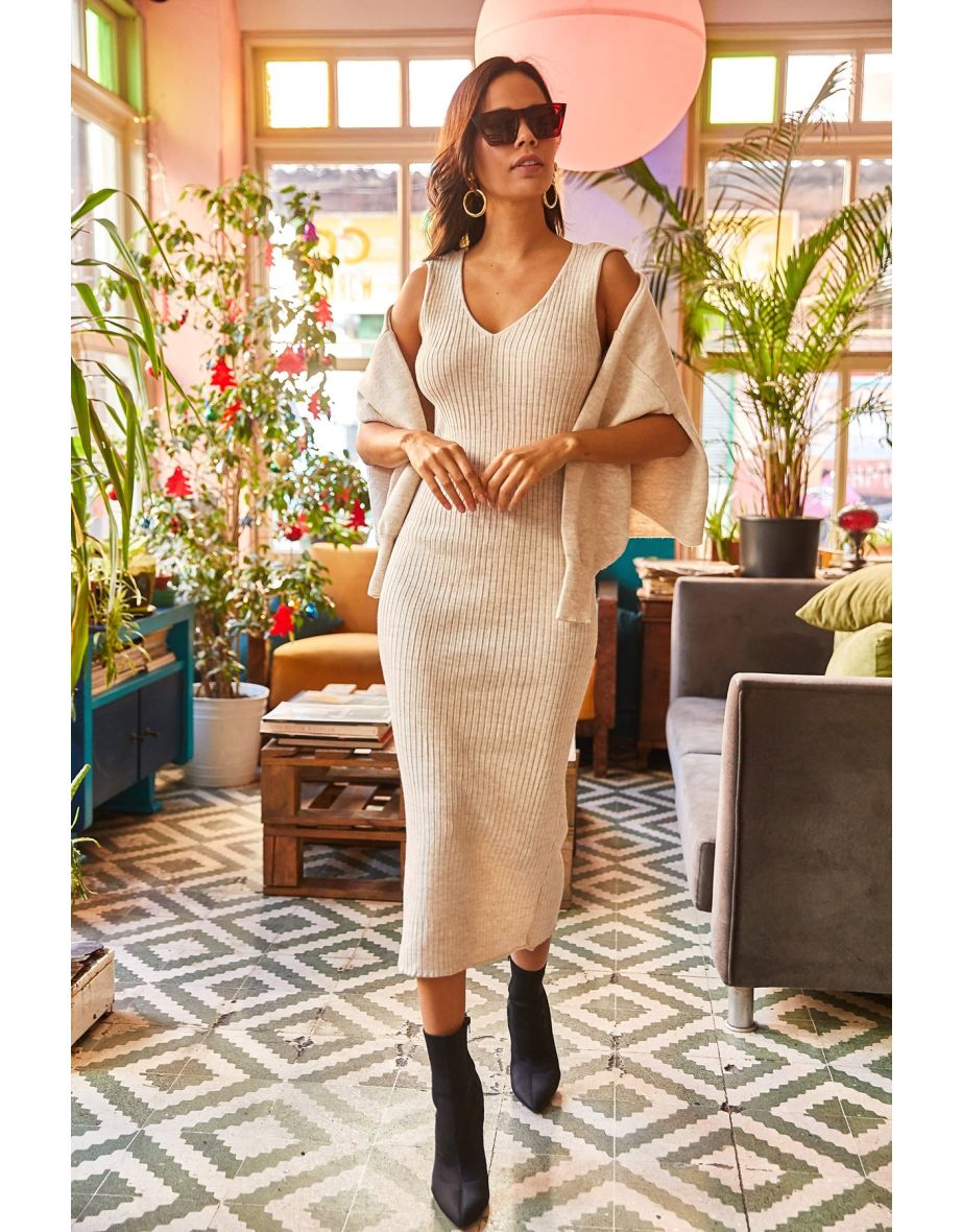 Women's Stone Top Crop Sweater Bottom Strap Dress Knitwear Suit