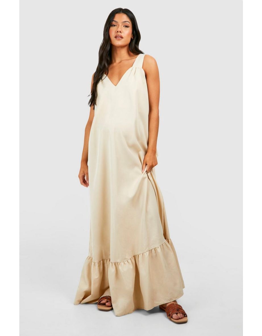 Maternity Poplin Sleeveless Maxi Dress - stone