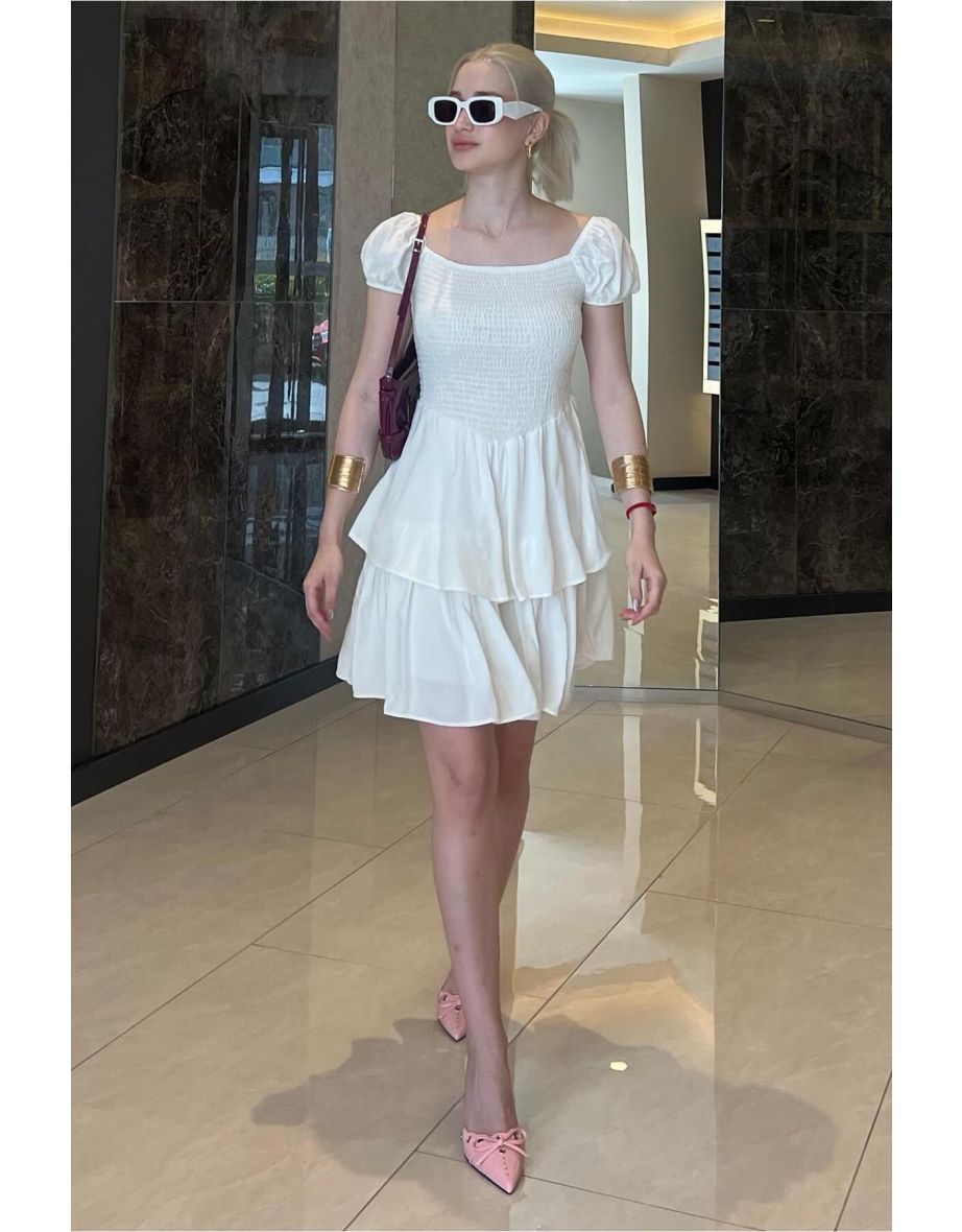 White Layered Skirt with Gathered Waist Dress