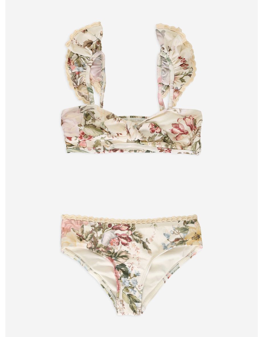 Zimmermann Girls Floral Waverly Trim Frill Bikini in Cream