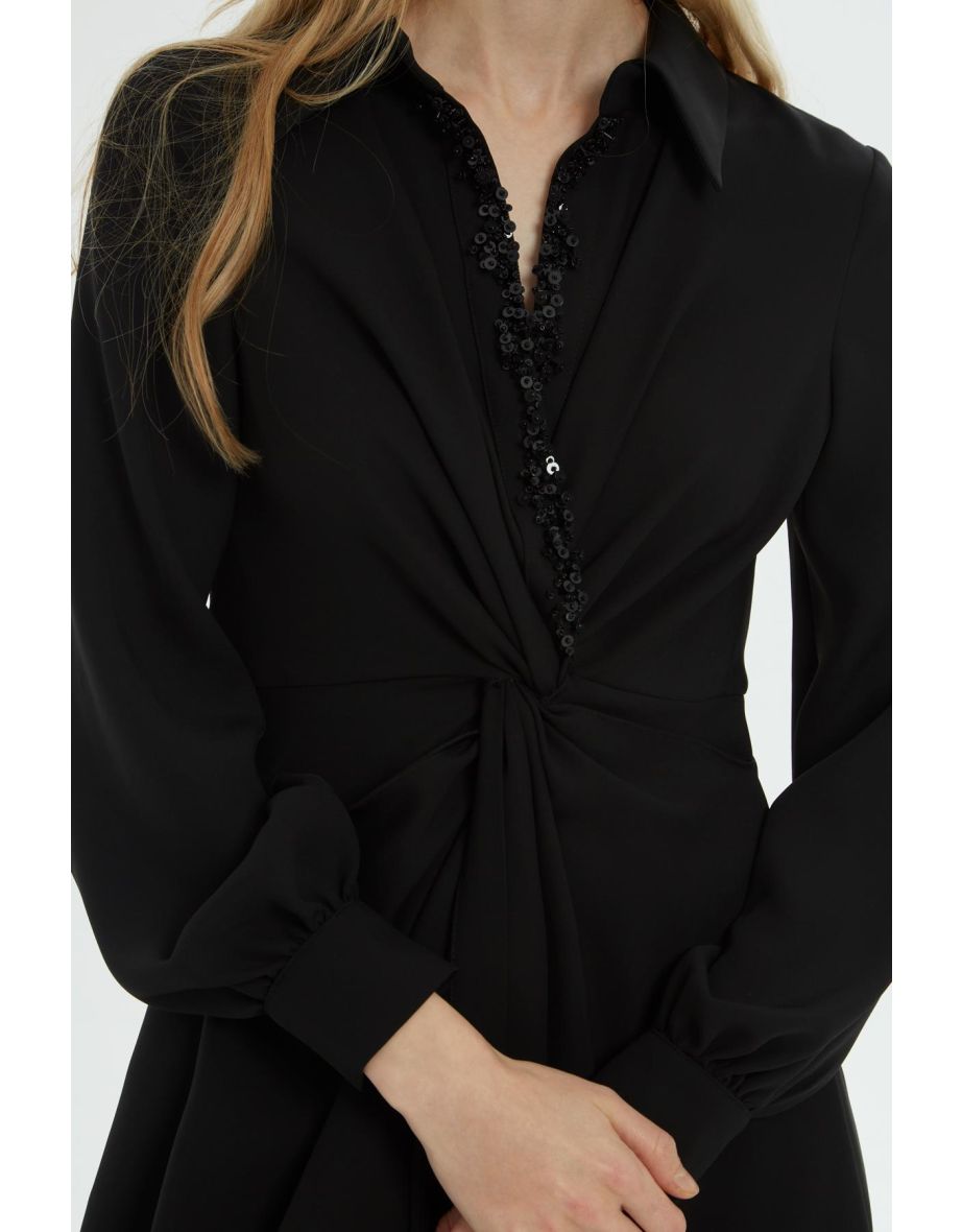 Sequin Bead Embroidered Long Black Dress - 3