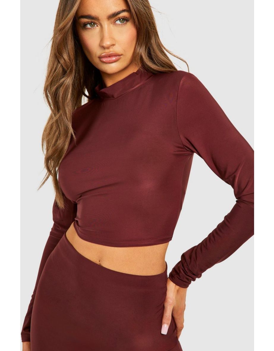 High Neck Long Sleeve Top & Bodycon Midaxi Skirt Set - merlot - 3