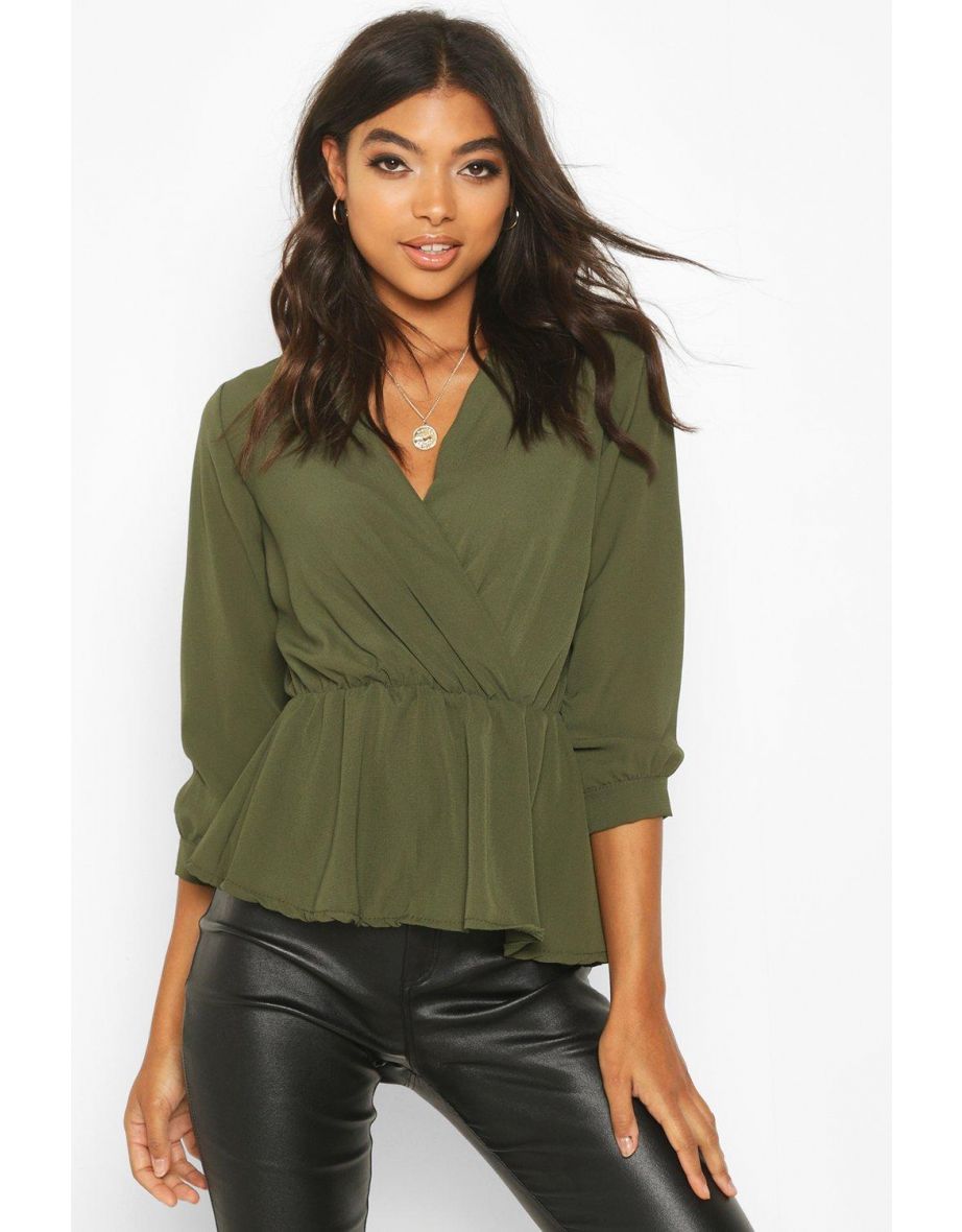 Tall Wrap Peplum Blouse - khaki