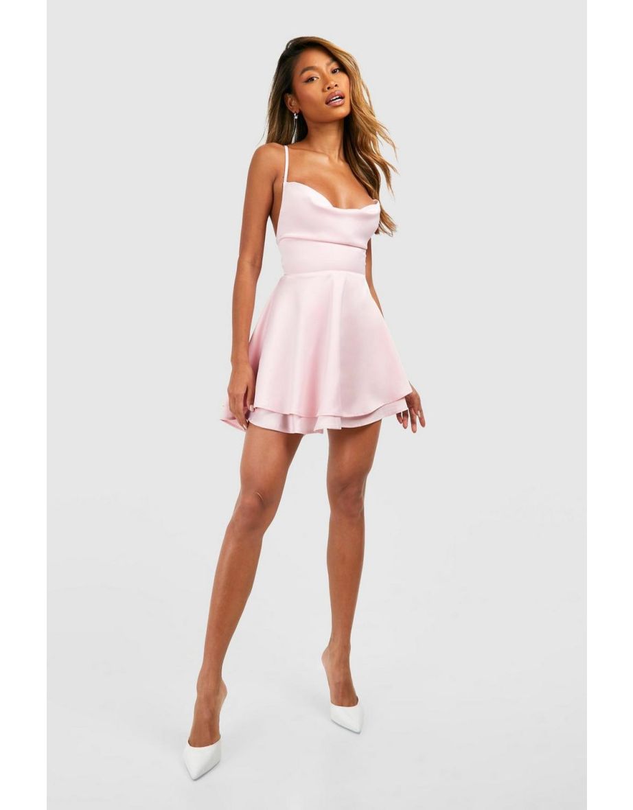Satin Double Hem Skater Dress - pastel pink - 3