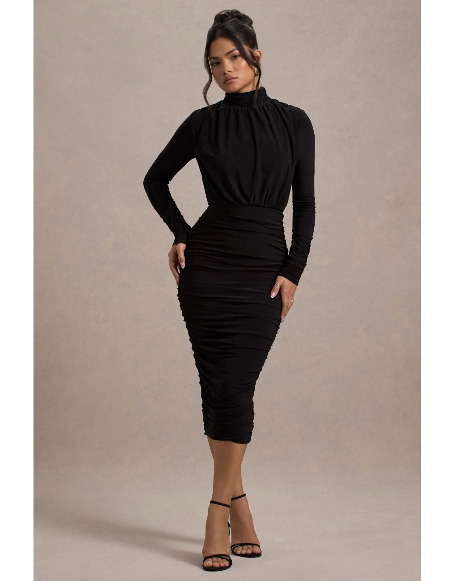Dasha |  Black Ruched High-Neck Long-Sleeve Dress