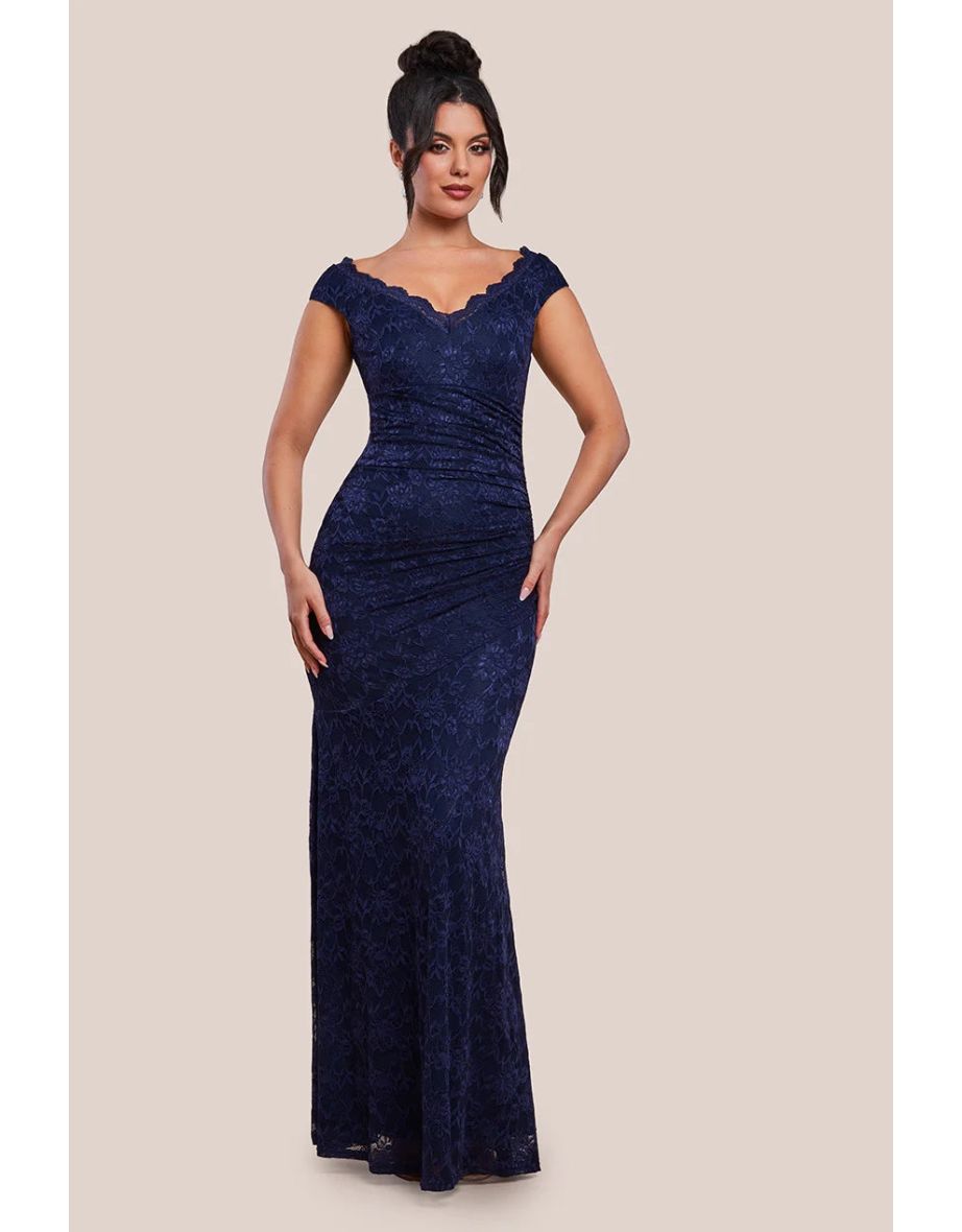 Goddiva Off The Shoulder Scalloped Neck Maxi Dress - Navy