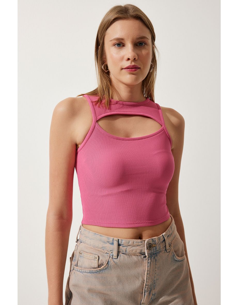 Women's Pink Cut Out Detailed Corded Crop Knitted Blouse - 4