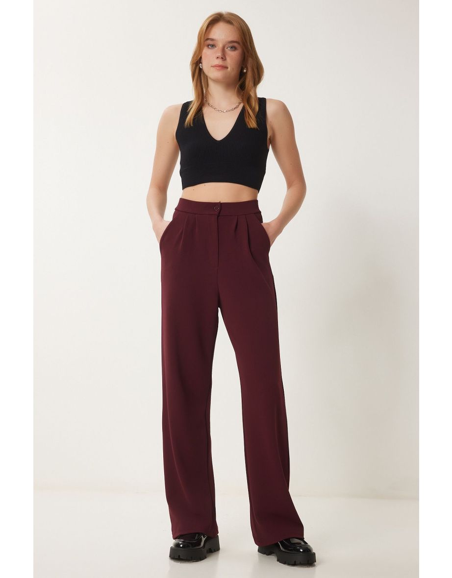 Women's Burgundy Lycra Comfortable Palazzo Knitted Trousers