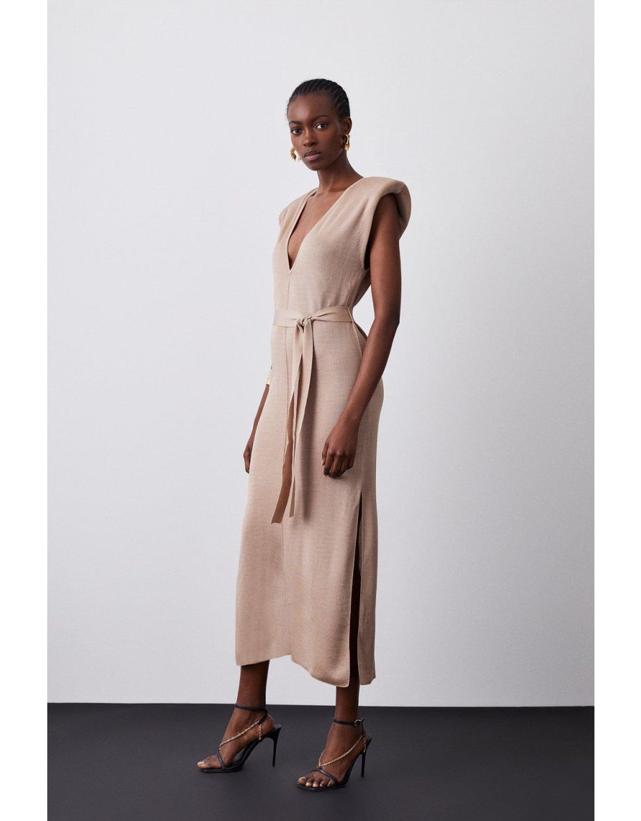 Power Shoulder V Neck Slinky Knit Belted Dress - 2