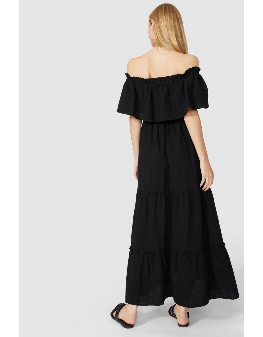 Linen Mix Bardot Midi Dress - black - 3