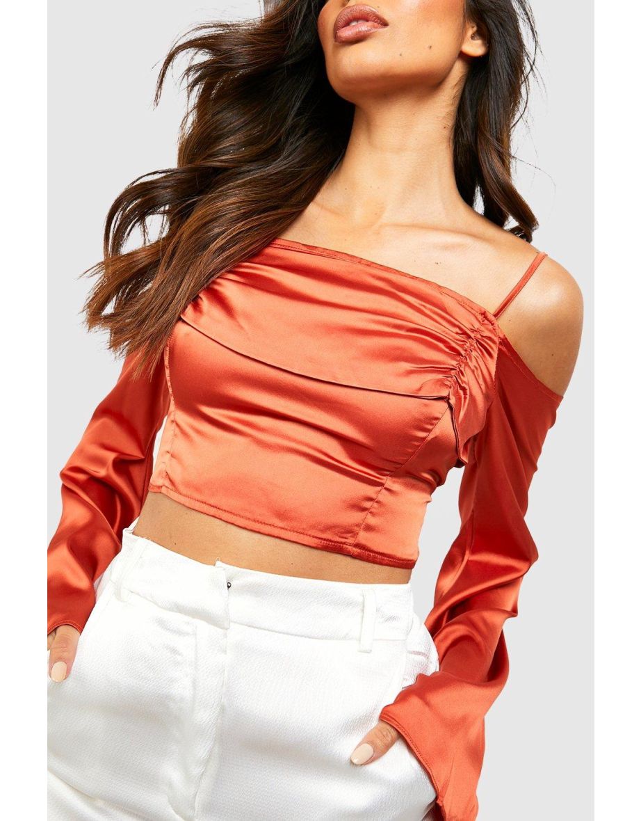 Satin Drape Cowl Flare Sleeve Corset Top - rust - 3