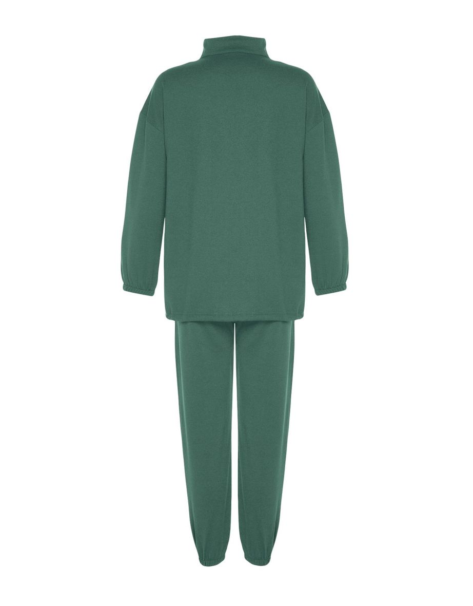 Khaki Zippered Stand Collar Gathered Hem Knitted Tracksuit - 7