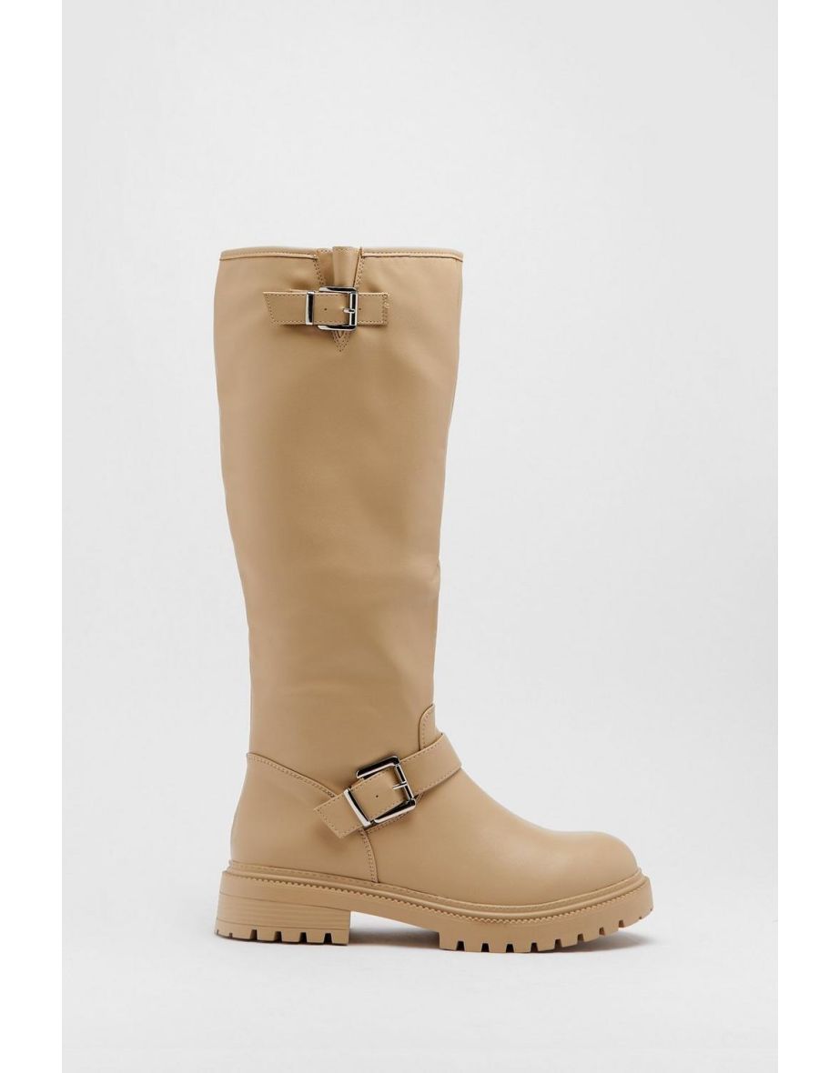 Shop Faux Leather Double Buckle Knee High Boots Online in Bahrain VogaCloset