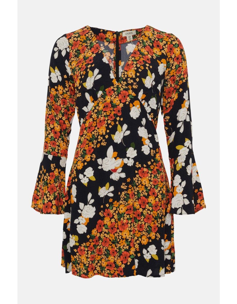 Diagonal Floral Ruffle Sleeve Tea Dress - 3