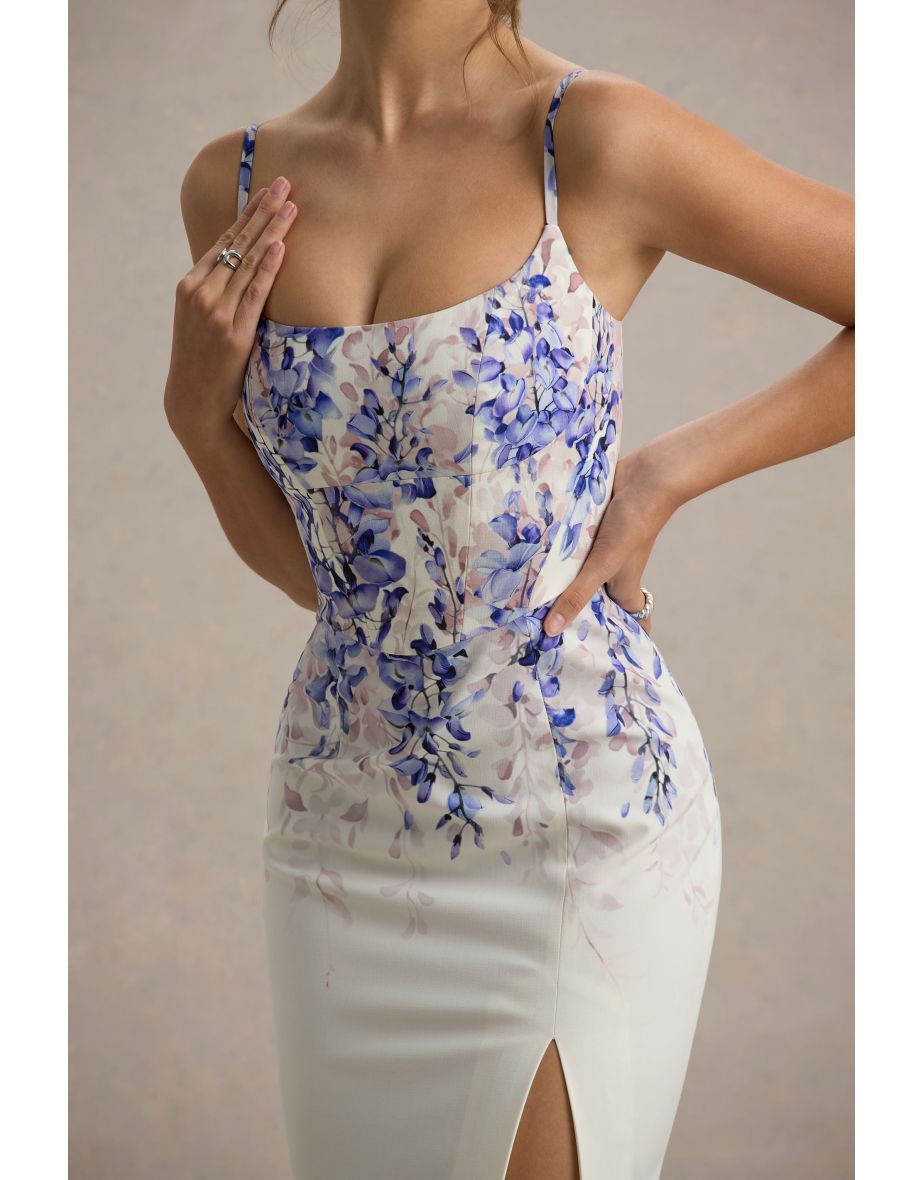 Lupita | Purple Floral Print Linen Split Maxi Dress - 5