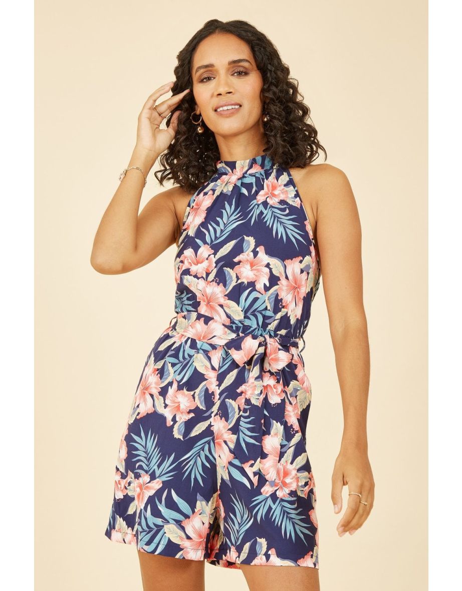 Mela Navy Floral Print Halter Neck Maxi Dress