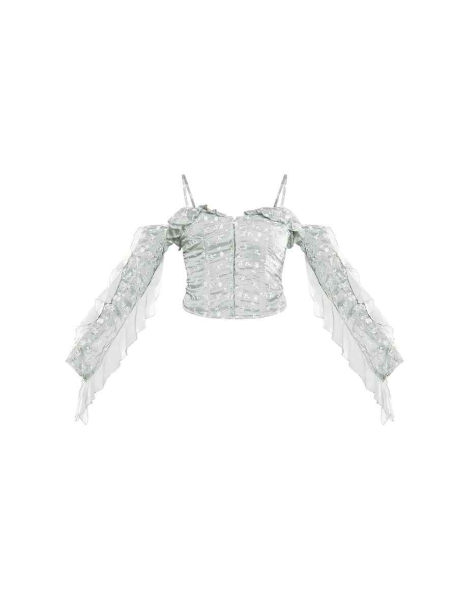 Sage Green Applique Detail Woven Hook & Eye Frill Boned Bardot Corset - 4