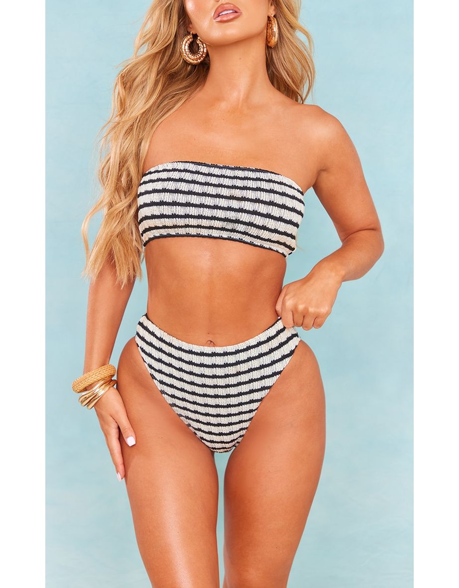 Monochrome Printed Crinkle High Waist High Leg Bikini Bottoms