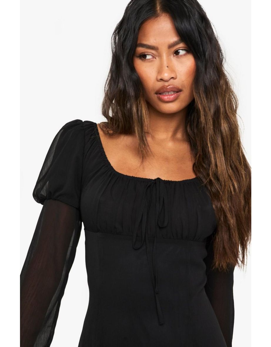 Crinkle Chiffon Long Sleeve Mini Dress - black - 3