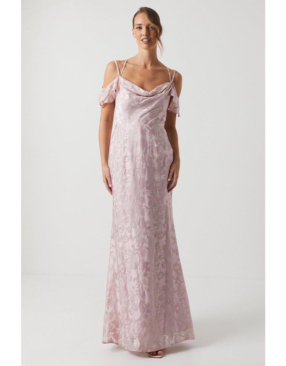 Cowl Neck Drape Sleeve Satin Burnout Bridesmaids Dress